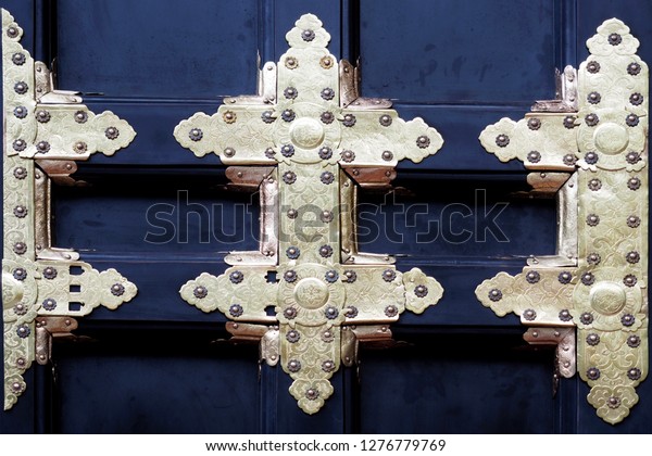 Traditional Japanese Temple Door Decorated Bronze Stock