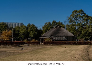 traditional Japanese thatched roof house is located in the countryside in Saitama prefecture, Japan.