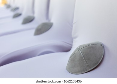 traditional Jewish bale on white chairs. Preparing for the wedding ceremony
