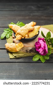 Traditional Jewish Rugelach Or Kifli Crescent Rolled Cookies With Rose Jam Filling. Freshly Home Baked Shortcrust Pastry Croissants Confection