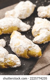 Traditional Jewish Rugelach Or Kifli Crescent Rolled Cookies Covered With Sugar Icing. Freshly Home Baked Shortcrust Pastry Croissants Confection