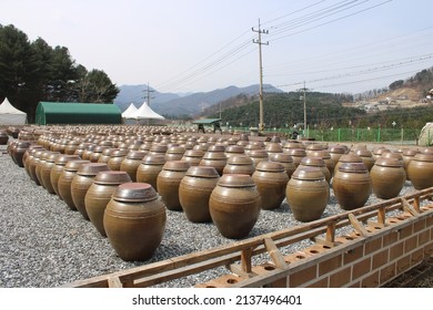 Traditional Korean Fermentation Jars On Display In Rural Mountain Town