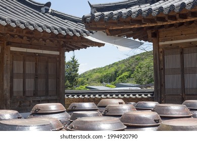 Traditional Korean House and Jangdokdae. platform for crocks of sauces and condiments