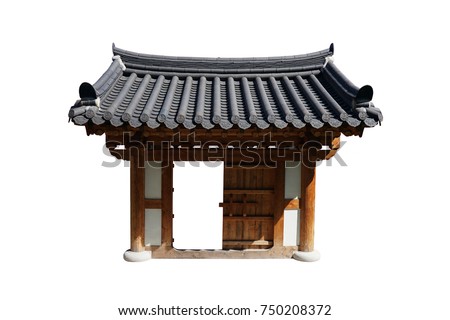 Traditional Korean main gate isolated on white background. Traditional Korean main entrance isolated on white background. Traditional Korean wooden door. 