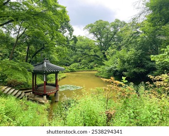 traditional korean pavilion with staircase and greenery - Powered by Shutterstock