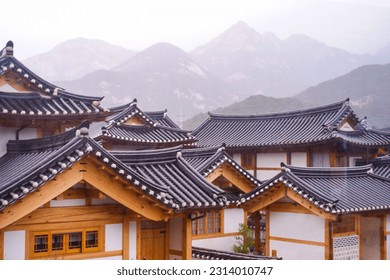 Traditional Korean wall style and historical house symbol architecture at Bukchon Hanok Village in Seoul, South Korea.