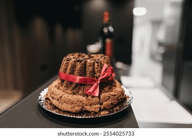 A traditional Kugelhopf cake adorned with a red ribbon, beautifully presented in a modern setting on a reflective tray - Powered by Shutterstock