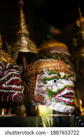 traditional lakhon khol khmer dance masks in display at Wat Svay Andet pagoda near Phnom Penh Cambodia