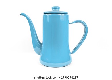 Traditional Light Blue Tall Enamelled Coffee Pot Shot In A White Seamless Studio.