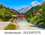 Traditional local houses near the Matter Vispa river in the centre of Zermatt town in the Valais canton of Switzerland