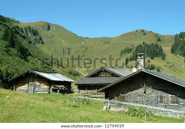 Traditional Log Cabins Swiss Mountains Blue Stock Photo Edit Now