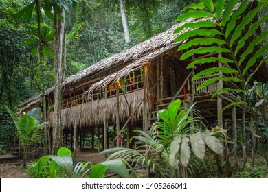 traditional long home of head hunters in Borneo