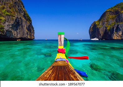 Traditional longtail boat in Maya bay on Koh Phi Phi Leh Island, Thailand