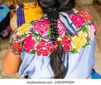 Traditional look of indigenous mexican woman with braided hair and blue shirt with colorful flowers
 - Powered by Shutterstock