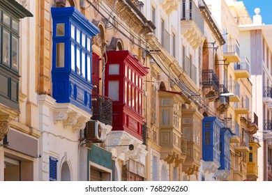 The traditional Maltese colorful wooden balconies in Sliema, Malta.