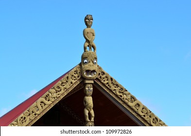 Traditional Maori Wood Carvings On Marae (meeting House) In Northland New Zealand.No People. Copy Space