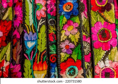 Traditional Mayan Textiles On S Msrket Stall In Antigua Guatemala