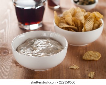 Traditional Mayonnaise Dip With Potato Chips And Beer, Selective Focus 