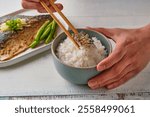  A traditional meal featuring grilled mackerel with green onions and ginger, served with steamed rice, pickled plums, and colorful side dishes. A healthy and balanced din                              