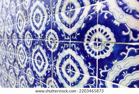 traditional mexican blue wall adornments of handmade hand painted talavera poblana tiles in Atlixco, Puebla city, Mexico