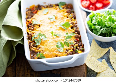 Traditional Mexican Meat Casserole With Cheese And Vegetables