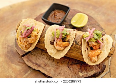 Traditional Mexican Prawn Tacos Close Up, Tacos On The Beach In Mexico