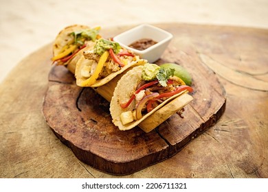 Traditional Mexican Prawn Tacos Close Up, Tacos On The Beach In Mexico