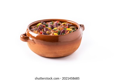 Traditional mexican tex mex chili con carne in bowl isolated on white background