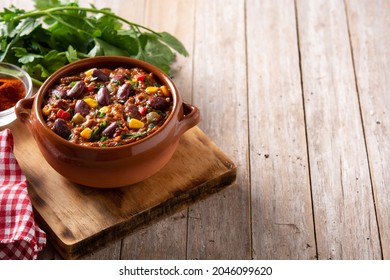 Traditional Mexican Tex Mex Chili Con Carne In A Bowl. Copy Space