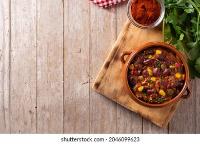 Traditional Mexican Tex Mex Chili Con Carne In A Bowl.Top View. Copy Space