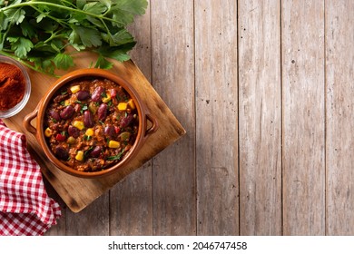 Traditional Mexican Tex Mex Chili Con Carne In A Bowl.Top View. Copy Space