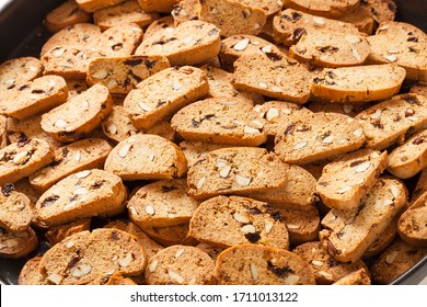 Traditional Moroccan gastronomy fekkas biscuits on a oven tray freshly roasted. Is a famous twice-baked Moroccan cookie very much like biscotti.