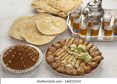 Traditional Moroccan Tea, Cookies, Almond Sellou And Pancakes At Id-al-fitr The End Of Ramadan