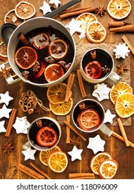 Traditional Mulled Wine With Spices And Fruits. Viewed From Above.