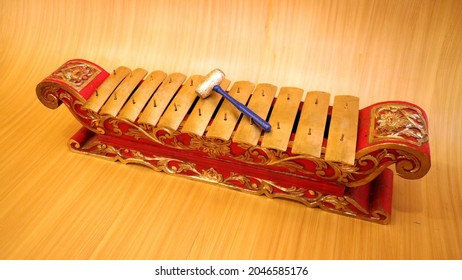 A traditional musical instrument from the Indonesian Javanese tribe called gamelan saron