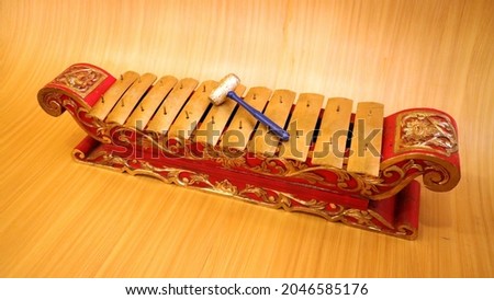 A traditional musical instrument from the Indonesian Javanese tribe called gamelan saron