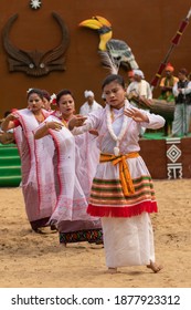 Traditional Naga dance being performed by womenfolk in Kisama heritage village in Nagaland India during hornbill festival on 2 December 2016