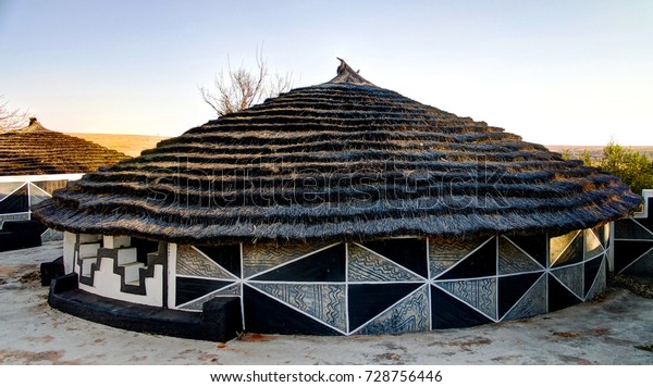 Traditional Ndebele hut, Botshabelo, Mpumalanga, South Africa, African mural painting. 