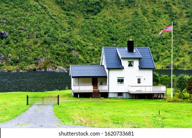 Traditional Nordic Wooden Summer House In Lofoten Archipelago, Norway