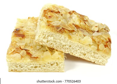 Traditional North German Butterkuchen (butter Cake) Isolated On White Background. Butterkuchen Is A Favorite Element Of Westphalian And North German Coffee Tables.