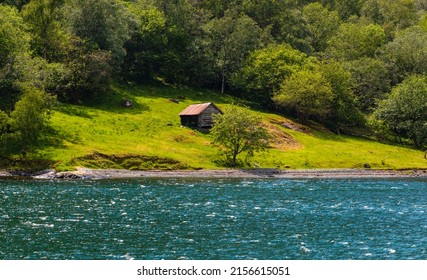 Traditional Norwegian Small Village With Red Wooden Houses In Nærøyfjord