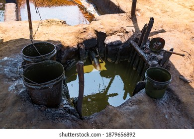 A Traditional Oil Drilling Fluid Reservoir At Wonocolo Village Traditional Oil Mine, Bojonegoro, East Java, Indonesia