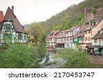 Traditional old alsatian houses in Kaysersberg in Alsace in the department of Haut-Rhin of the Grand Est region of France