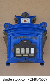 Traditional old blue postbox in Germany, vintage, nostalgia