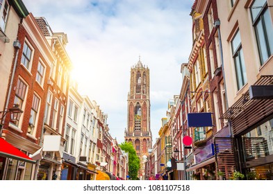 Traditional old buildings and tower of the Dom cathedral in Utrecht, Netherlands. 