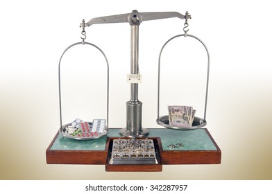 Traditional Old Style Pharmacy Scale With Drugs Heavier Than Money, Small Weights