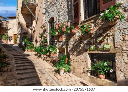 Traditional old villages of Italy, Umbria - beautiful Spello town. Charming floral streets decoration