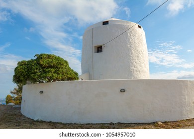 Traditional Old White Windmill.on Milos Island. Cyclades, Greece.