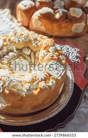 Traditional Orthodox Easter Festive Bread Display Table with Decorated Loaves