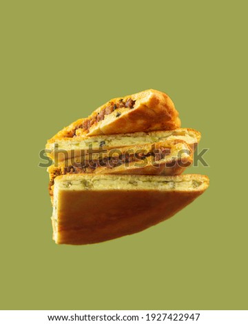 Traditional Ossetian pie with meat and suluguni cheese. Bottom view. Creative still life. Low carb keto baked goods made with almond, coconut flour and protein isolate. Stock photo © 